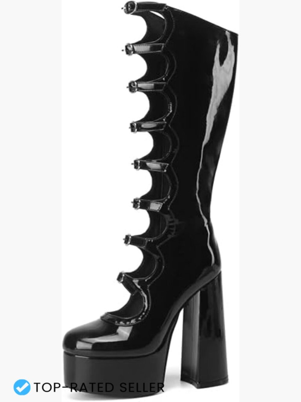 Gothic Lolita Knee High Boots Chunky Block Heel Platform Patent Leather Buckle